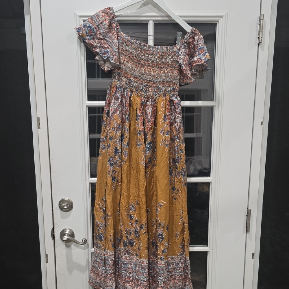 RARE!!!! $148 MSRP Free People Mustard Louise Border Print Dress, Sz XS